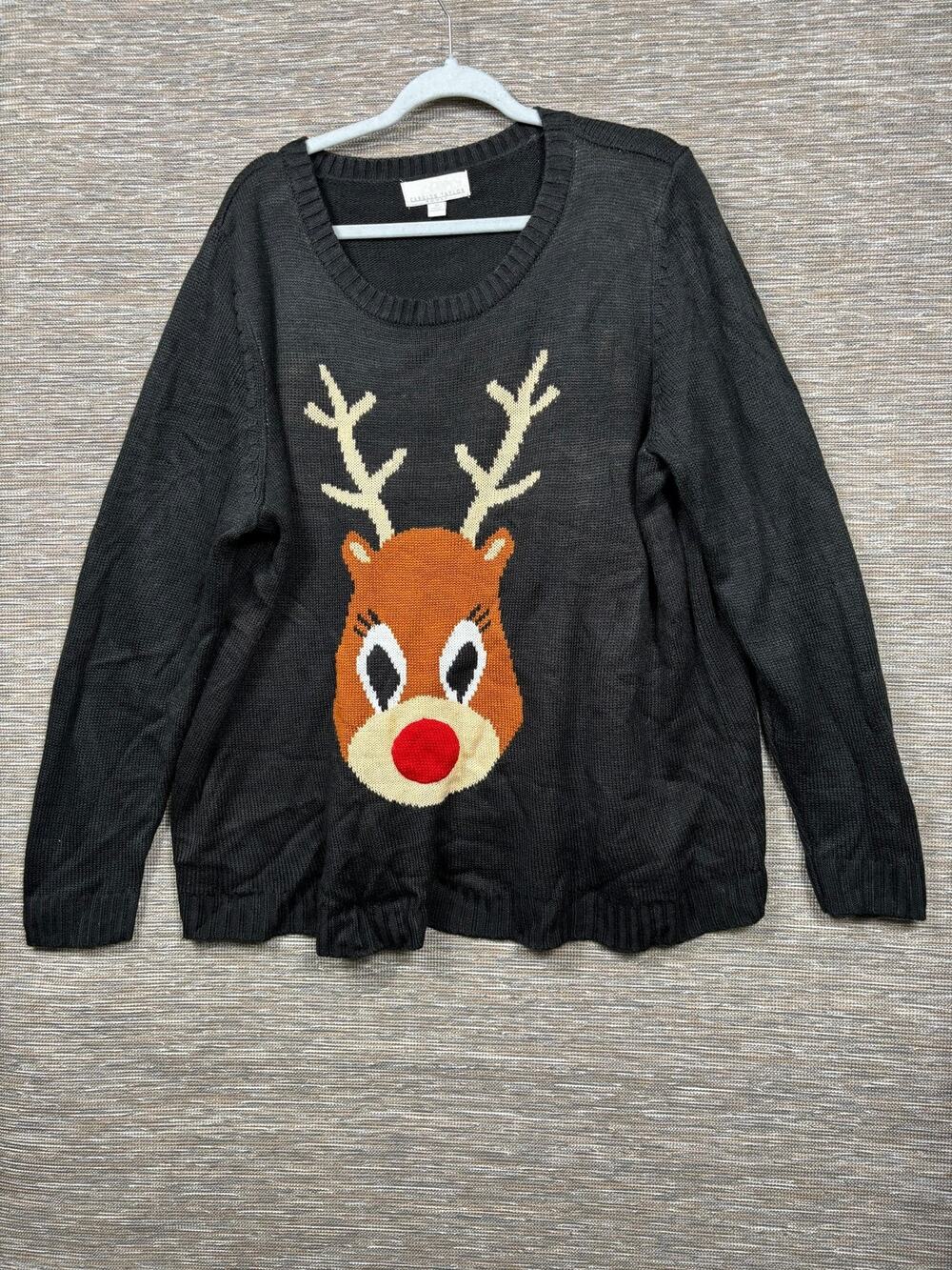 Carolyn Taylor Sweater Womens 2X Gray Reindeer Graphic Christmas Ugly Pullover